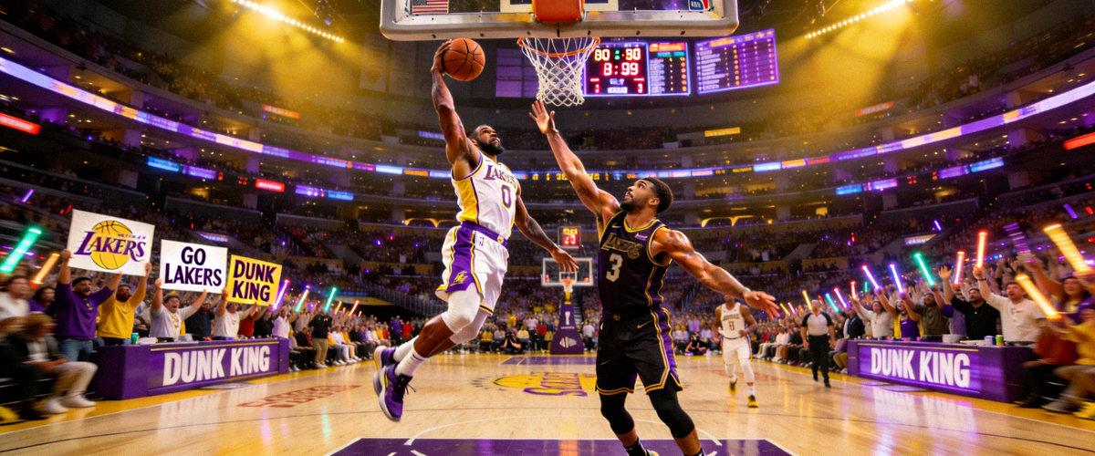 NBA篮球赛场上球员激烈对抗扣篮的精彩瞬间，观众席爆满气氛热烈